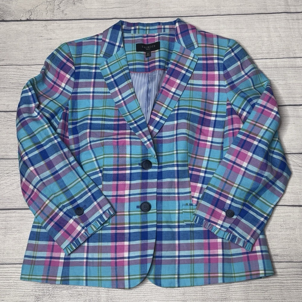 Talbots Madras Plaid 3/4 Sleeve Linen/Cotton Sunshine Blazer Jacket Women's 8P